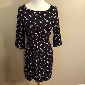 Everly Black/Ivory Bird Print Dress With Tie Back & Cutout 3/4 Sleeves Size S
